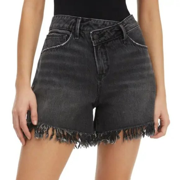 Good American 90's shorts cross-over high waist black jean denim fringe new 16 - Picture 1 of 5